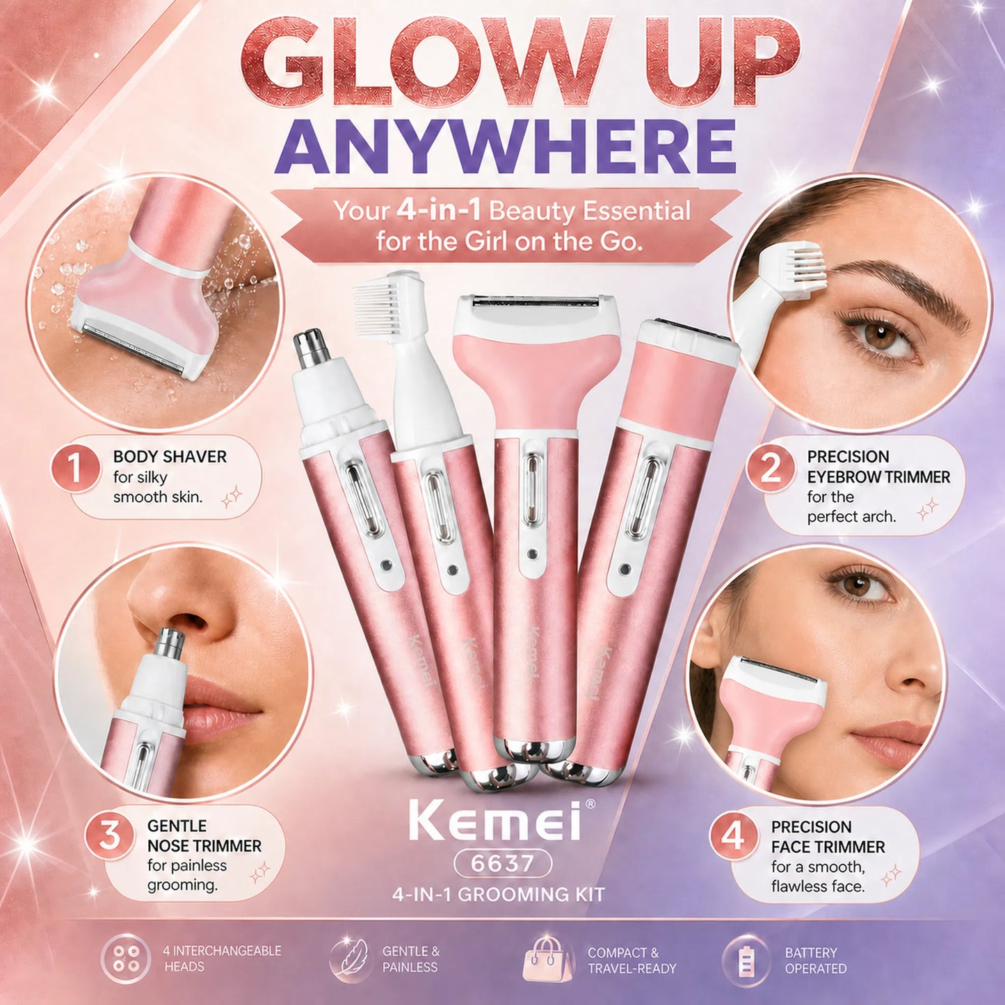 Kemei KM-6637 Rechargeable 4-in-1 Women Grooming Kit | Body Shaver, Eyebrow, Nose & Body Trimmer.
