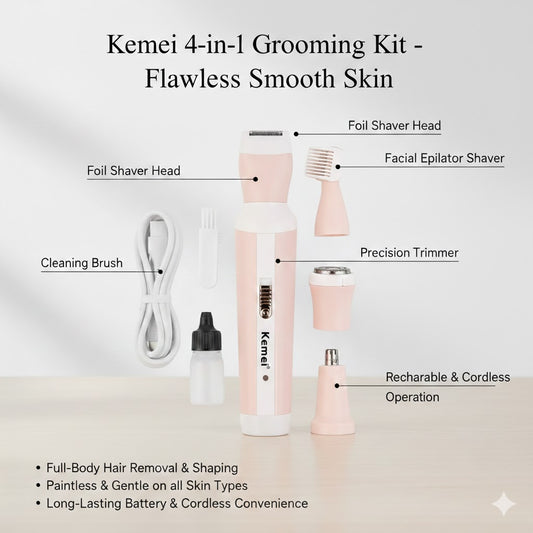 Kemei KM-3024 4-in-1 Rechargeable Women’s Grooming Kit – Professional Electric Shaver, Eyebrow Trimmer, Nose Hair Remover & Facial Epilator for Flawless Smooth Skin"