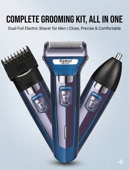 Kemei KM-6330 3-in-1 Professional Grooming Kit for Men - Rechargeable Hair Clipper, Nose Trimmer & Beard Shaver