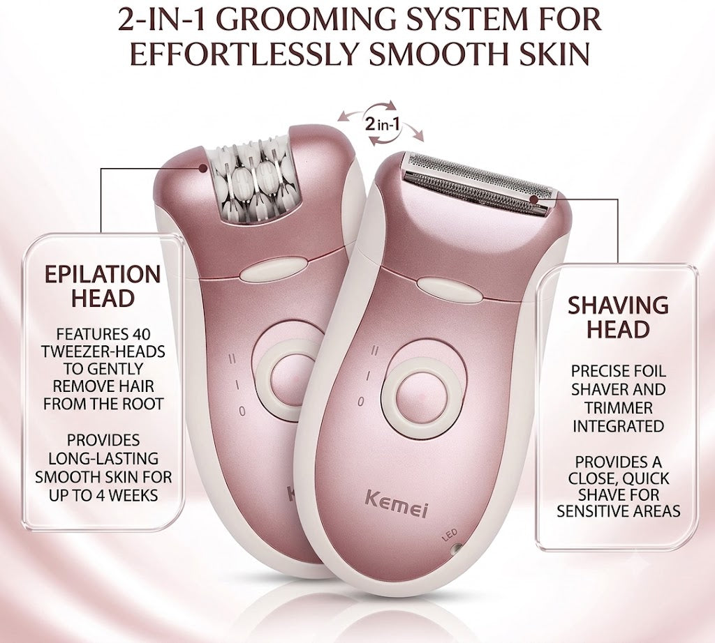 Kemei KM-2068 2-in-1 Rechargeable Lady Epilator for Deep Root Hair Removal & Instant Shaving