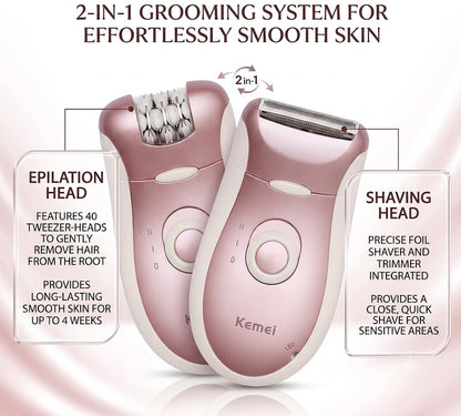 Kemei KM-2068 2-in-1 Rechargeable Lady Epilator for Deep Root Hair Removal & Instant Shaving
