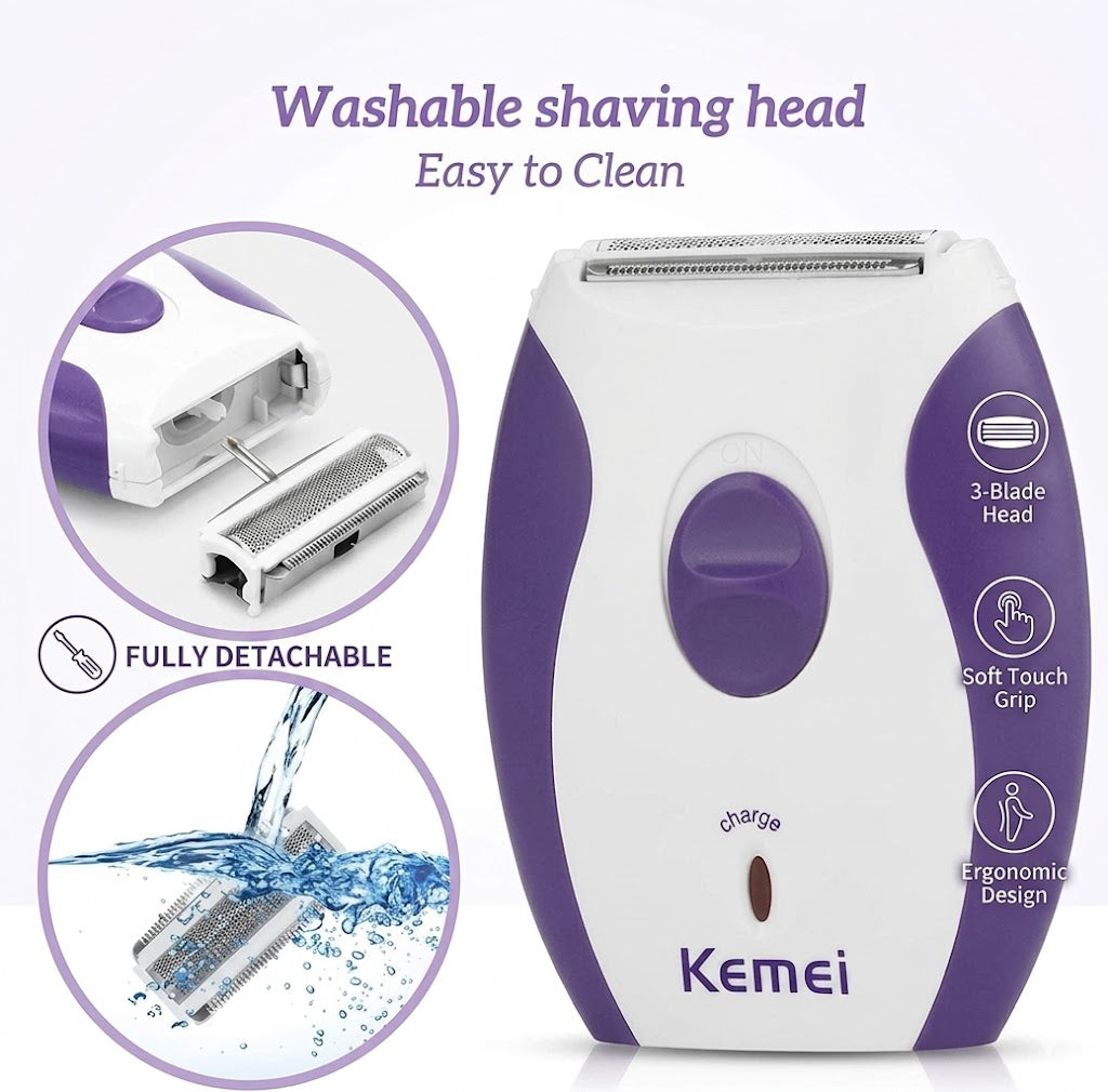 Kemei KM-280R Rechargeable Hair Remover for Women - Professional Lady Shaver & Trimmer for Underarms & Legs - Portable & Washable Design