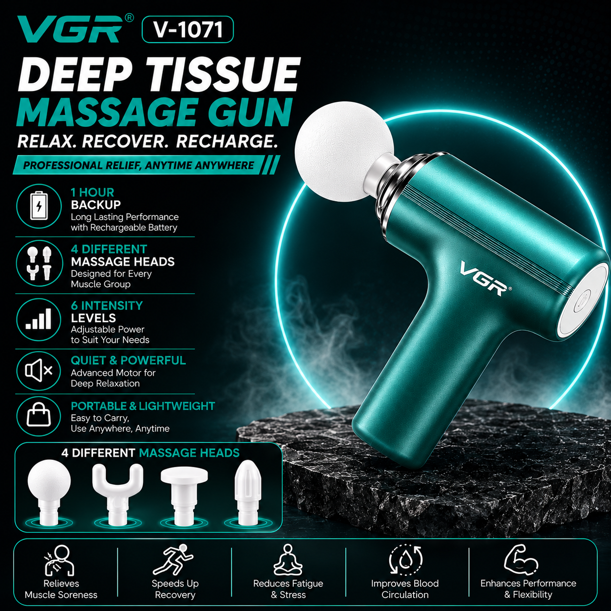 Provgr V-1071 6-Speed Cordless Muscle Relaxer & Deep Tissue 4-in-1 Gun Massager
