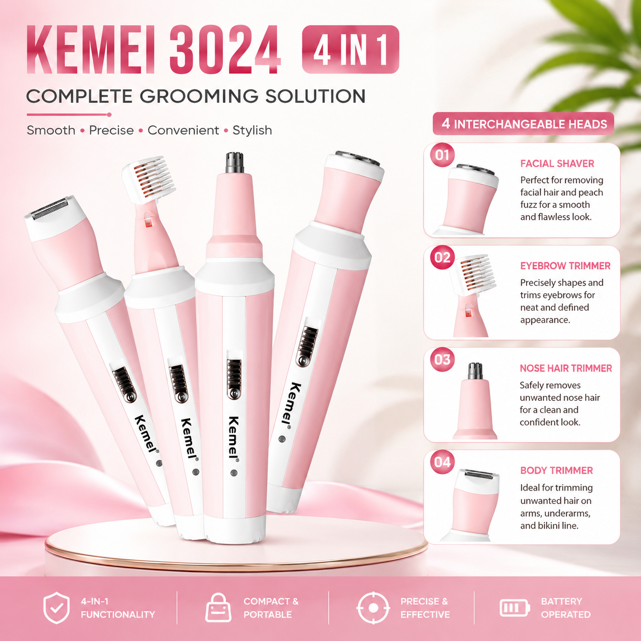 Kemei KM-3024 4-in-1 Rechargeable Women’s Grooming Kit – Professional Electric Shaver, Eyebrow Trimmer, Nose Hair Remover & Facial Epilator for Flawless Smooth Skin"