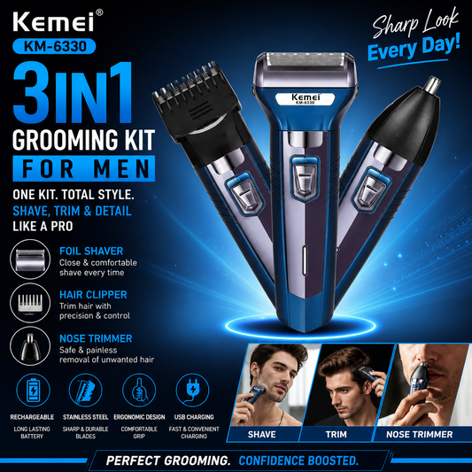 Kemei KM-6330 3-in-1 Professional Grooming Kit for Men - Rechargeable Hair Clipper, Nose Trimmer & Beard Shaver