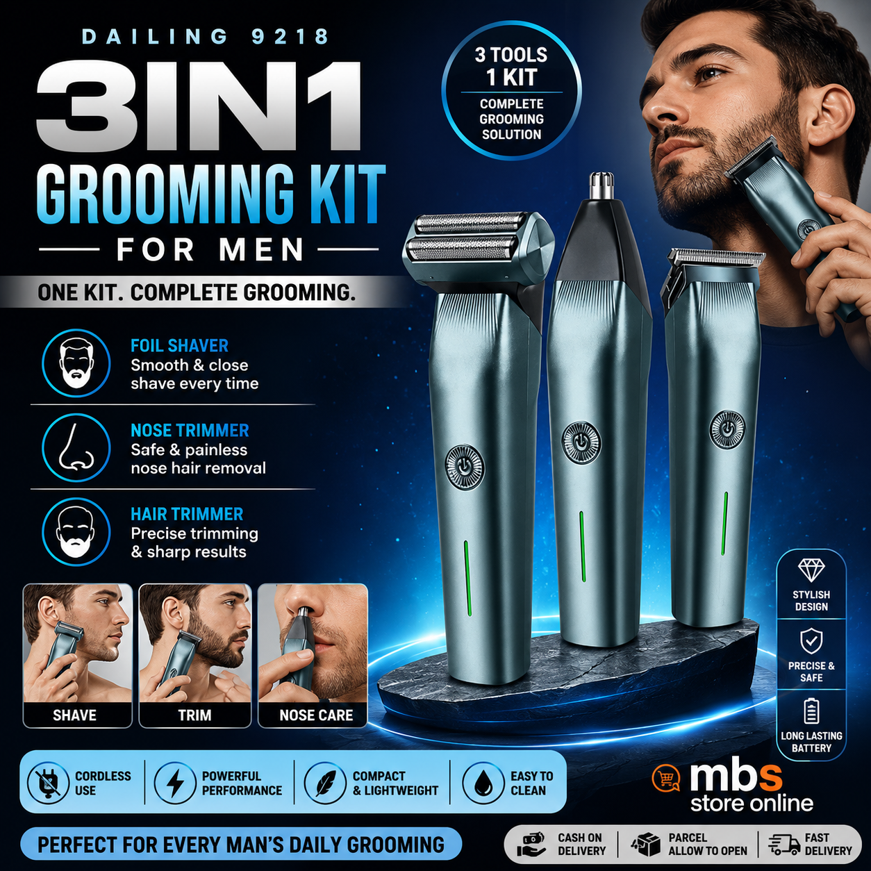 DL-9218 3 In 1 Rechargeable Hair Trimmer, Shaver, Nose Trimmer For Men. Hair Removal machine for men