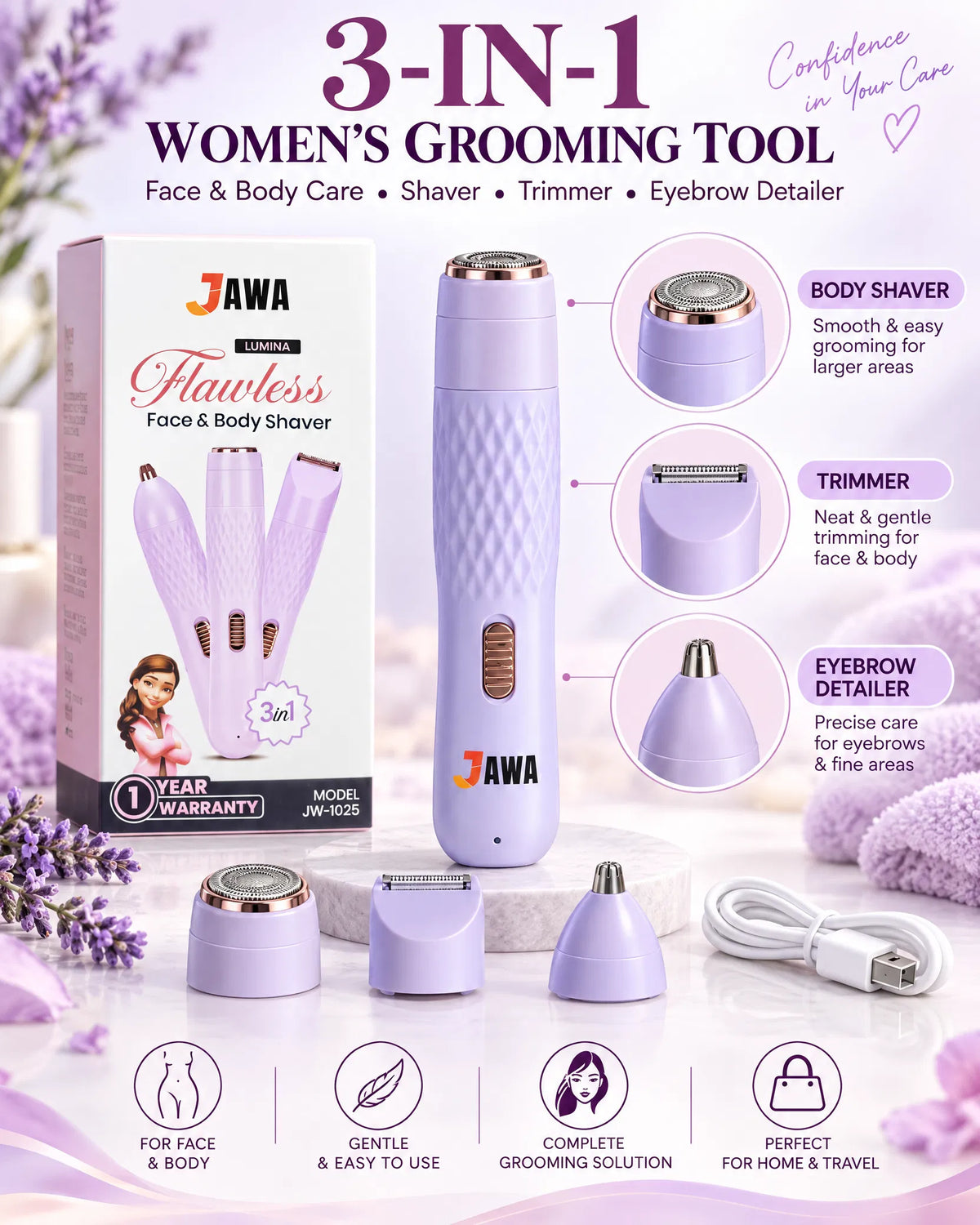 3-in-1 Rechargeable Women's Shaving Kit – Say Goodbye to Facial & Body Hair with Eyebrow, Shaver & Trimmer Tools