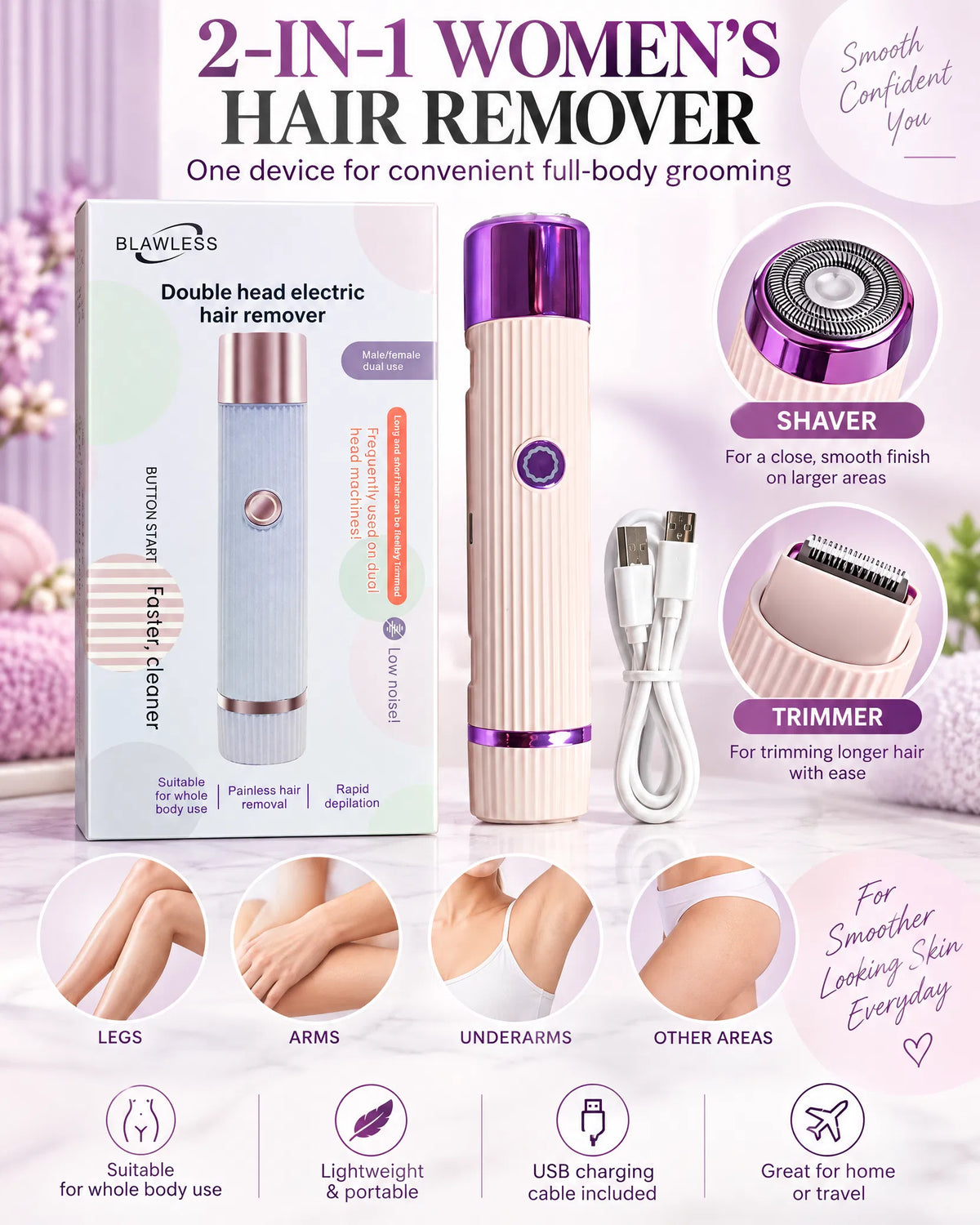 Rechargeable 2-in-1 Women's Electric Shaver & Trimmer – Say Goodbye to Unwanted Body Hair for Smooth Skin