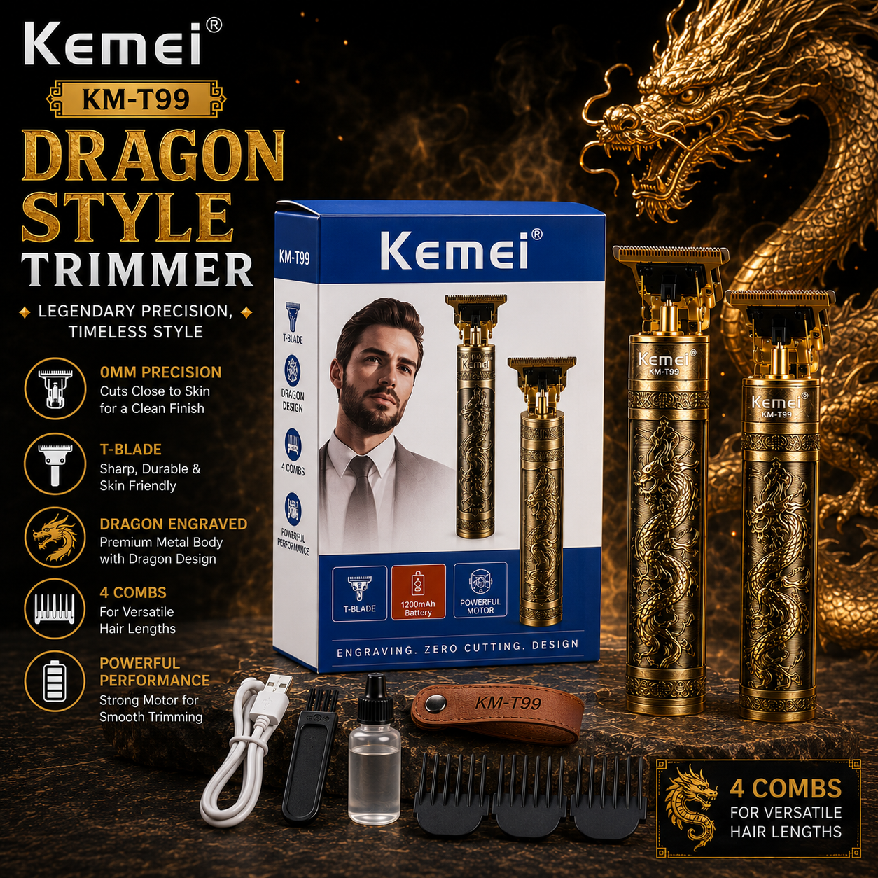 Kemei T99 Dragon Edition Professional Hair Trimmer – Precision Beard & Hair Grooming Tool