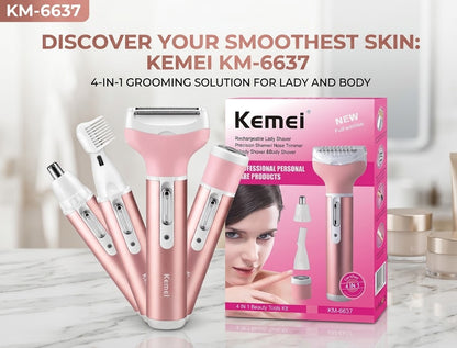 Kemei KM-6637 Rechargeable 4-in-1 Women Grooming Kit | Body Shaver, Eyebrow, Nose & Body Trimmer.