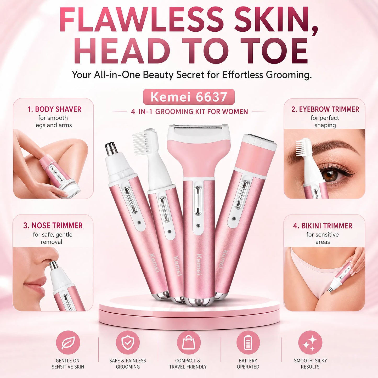 Kemei KM-6637 Rechargeable 4-in-1 Women Grooming Kit | Body Shaver, Eyebrow, Nose & Body Trimmer.