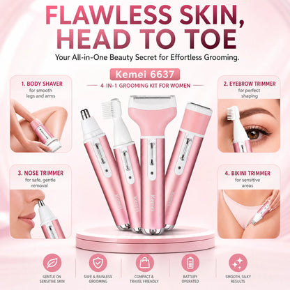 Kemei KM-6637 Rechargeable 4-in-1 Women Grooming Kit | Body Shaver, Eyebrow, Nose & Body Trimmer.