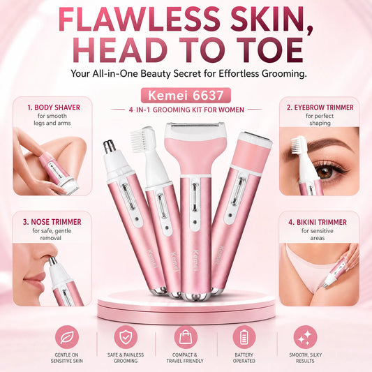 Kemei KM-6637 Rechargeable 4-in-1 Women Grooming Kit | Body Shaver, Eyebrow, Nose & Body Trimmer.