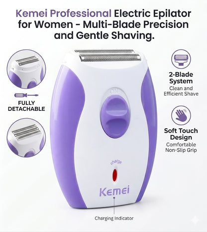 Kemei KM-280R Rechargeable Hair Remover for Women - Professional Lady Shaver & Trimmer for Underarms & Legs - Portable & Washable Design