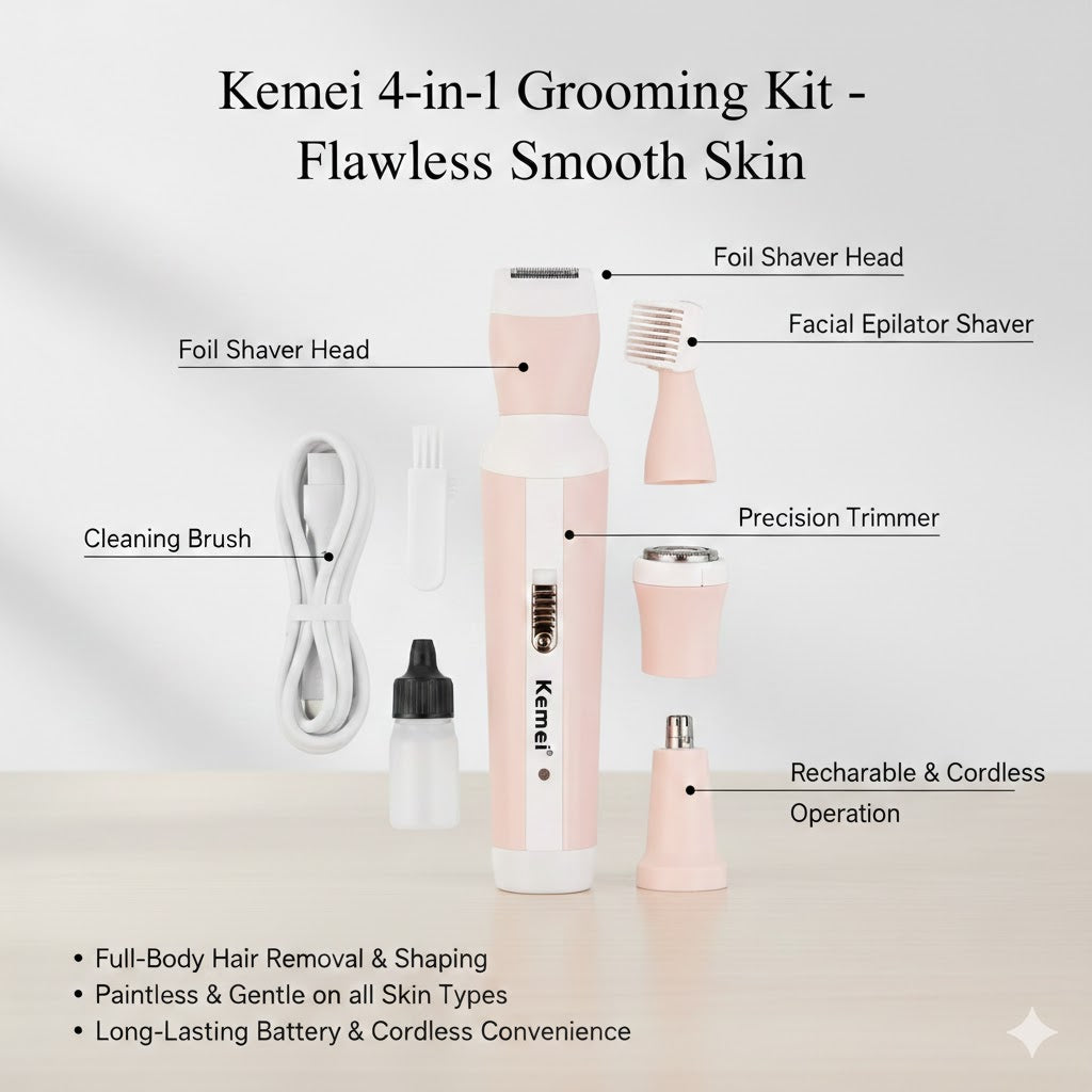 Kemei KM-3024 4-in-1 Rechargeable Women’s Grooming Kit – Professional Electric Shaver, Eyebrow Trimmer, Nose Hair Remover & Facial Epilator for Flawless Smooth Skin"